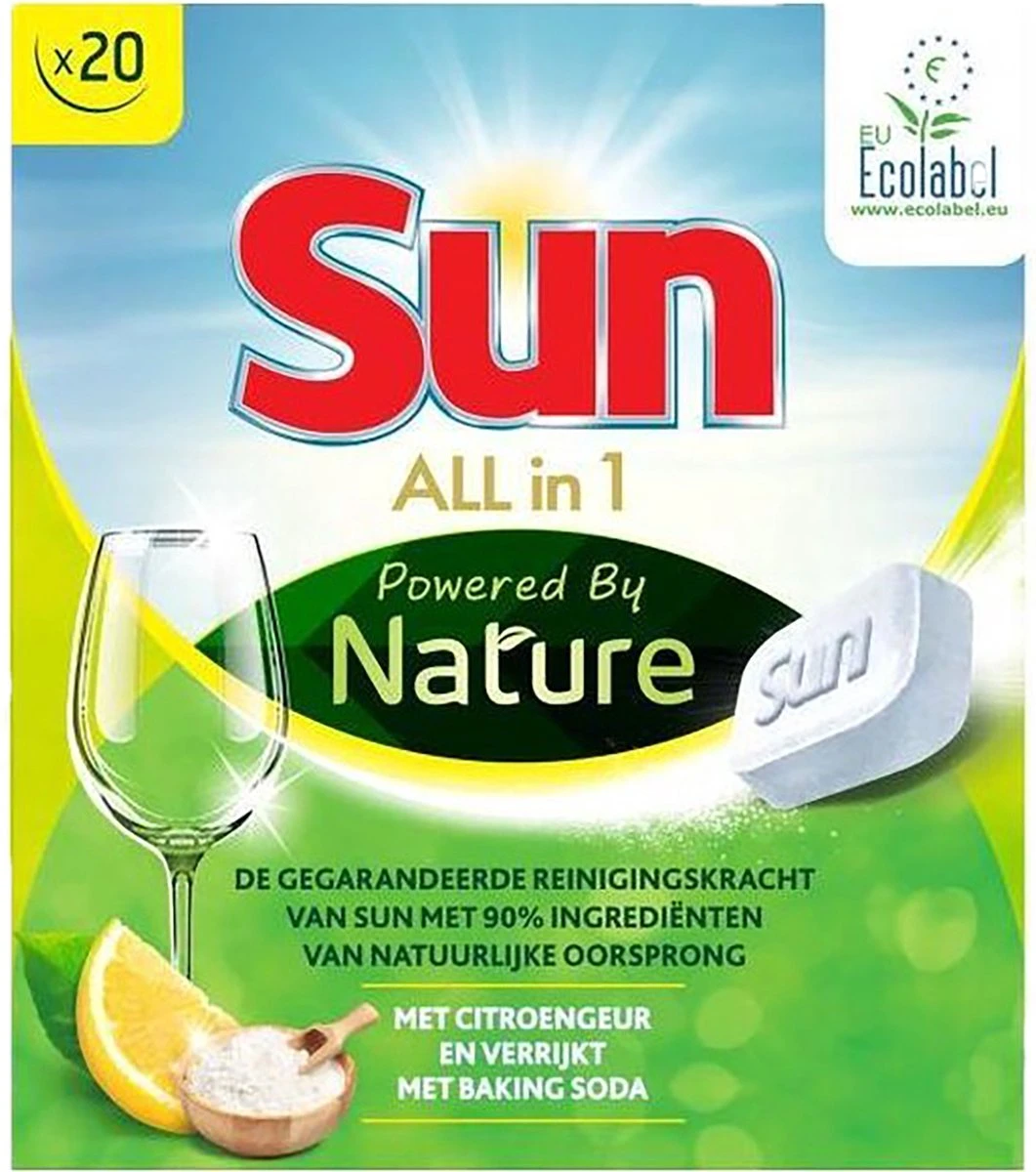 SUN® Sun All-In-1 Powered By Nature Eco Vaatwastabletten - 4 X 20 Tabletten - Voordeelverpakking 4 SUN® Sun All-In-1 Powered By Nature Eco Vaatwastabletten - 4 X 20 Tabletten - Voordeelverpakking - Afbeelding 2