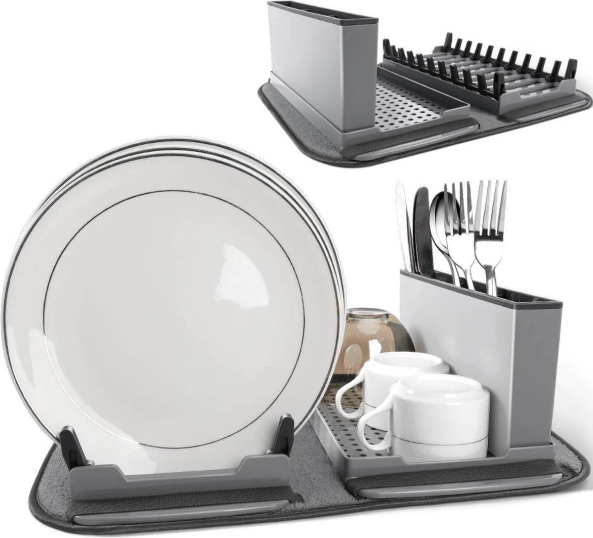 Afdruiprek Met Lekbak - Inclusief Afdruipmat - Opvouwbaar - Afwasrek Met Uitneembare Bestekhouder - Voor Bestek, Borden, Pannen En Schalen 3 Afdruiprek Met Lekbak - Inclusief Afdruipmat - Opvouwbaar - Afwasrek Met Uitneembare Bestekhouder - Voor Bestek, Borden, Pannen En Schalen