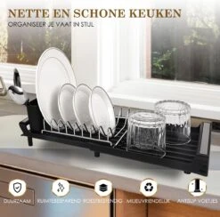 MIRI Afdruiprek – Afwasrek – Uitschuifbaar – Met Lekbak In Gootsteen – Afwas – Roestvrij Staal – Zwart -Thuis Winkel 1200x1183 2
