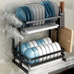 TammaT - Afdruiprek Met Lekbak 2 Laags – Inklapbaar - Afwasrek – Met 2 Lekbakken – Extra Accessories Voor Servies En Snijplanken - RVS - 38x35x26,5cm -Thuis Winkel 1200x1200 476