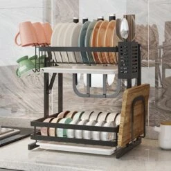 TammaT - Afdruiprek Met Lekbak 2 Laags – Inklapbaar - Afwasrek – Met 2 Lekbakken – Extra Accessories Voor Servies En Snijplanken - RVS - 38x35x26,5cm -Thuis Winkel 1200x1200 477