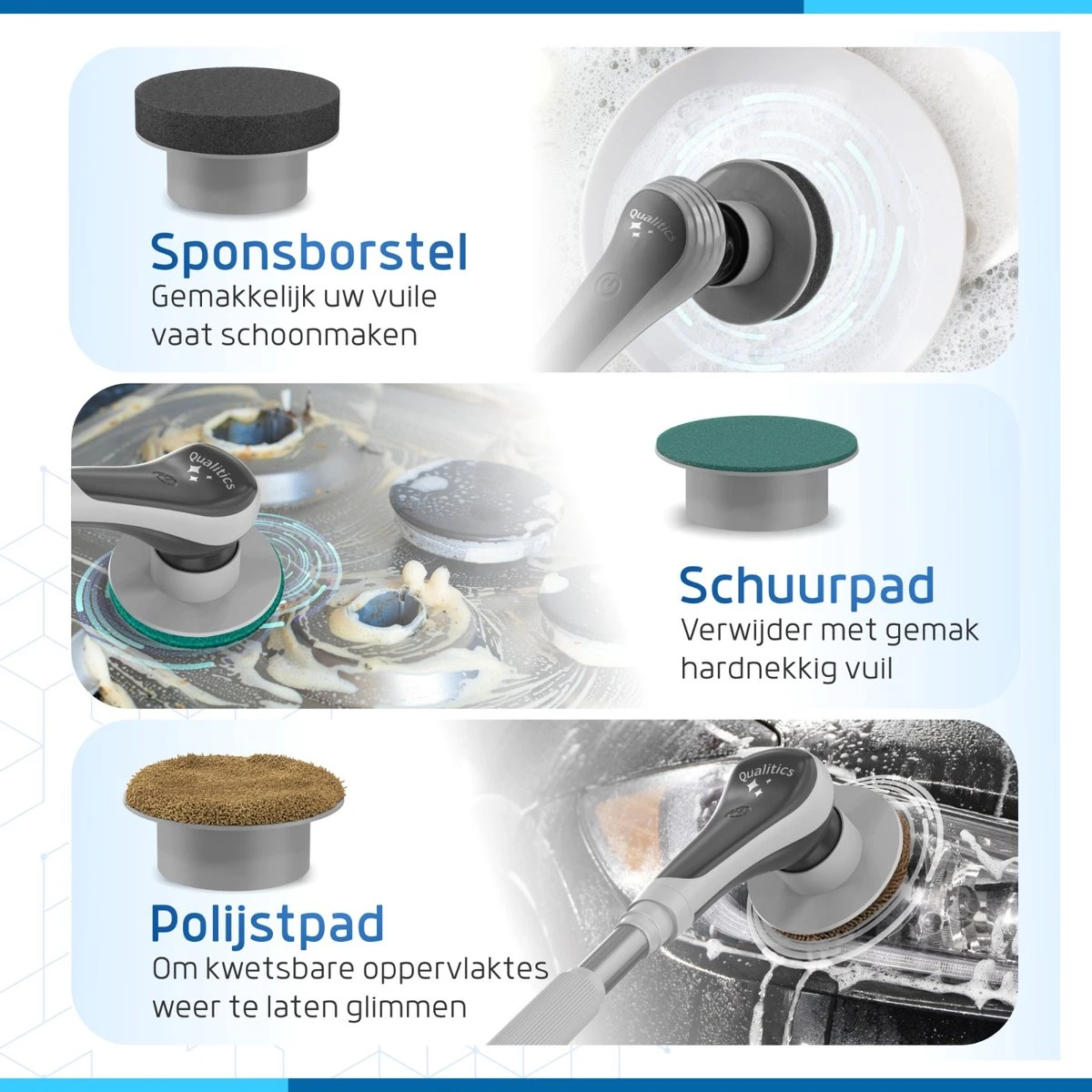 Qualitics Elektrische Schoonmaakborstel - Roterende Polijstmachine - Schrobborstel - Poetsmachine - Vloerreiniger Met 10 Opzetstukken 6 Qualitics Elektrische Schoonmaakborstel - Roterende Polijstmachine - Schrobborstel - Poetsmachine - Vloerreiniger Met 10 Opzetstukken - Afbeelding 4