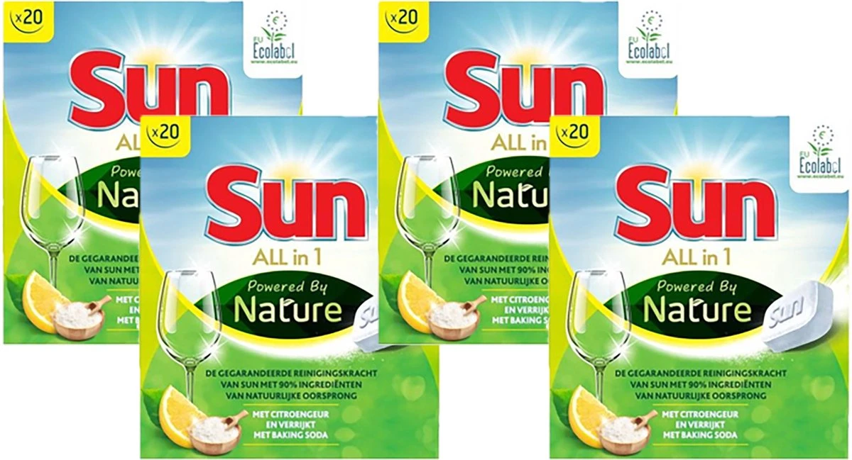 SUN® Sun All-In-1 Powered By Nature Eco Vaatwastabletten - 4 X 20 Tabletten - Voordeelverpakking 3 SUN® Sun All-In-1 Powered By Nature Eco Vaatwastabletten - 4 X 20 Tabletten - Voordeelverpakking