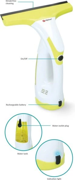 Alpina Elektrische Ramenwasser - Ruitenreiniger 635GR - Oplaadbare Raamtrekker - 3,7V Lithiumbatterij - Batterijduur 30 Minuten - 70ML Waterreservoir - Wit/Geel -Thuis Winkel 502x1200 1